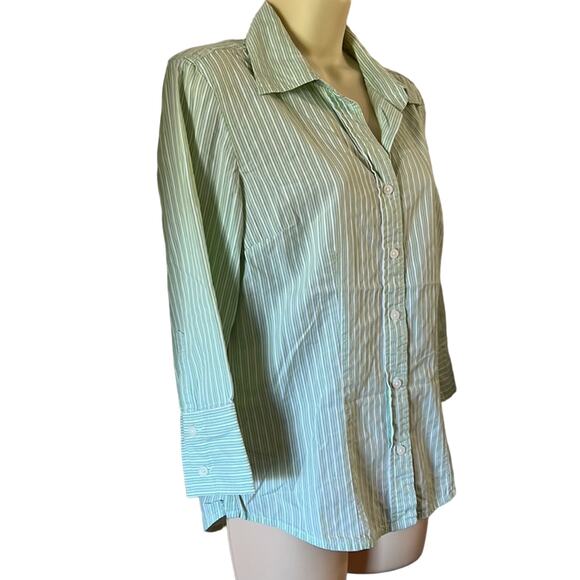 Talbots Green & White Striped Blouse Woman Size Small Button Up 3/4 Sleeves - Picture 2 of 8